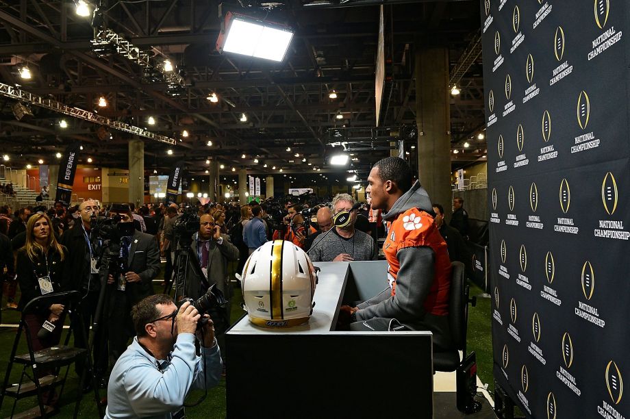 Clemson quarterback Deshaun Watson faces what appears to be a stadium full of reporters at the Phoenix Convention Center during media day Saturday