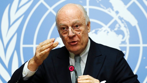 UN mediator for Syria Staffan de Mistura gestures during a news conference at the United Nations in Geneva Switzerland on Monday