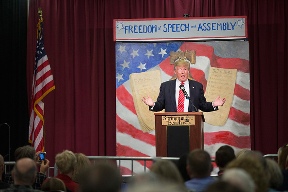 Republican presidential candidate Donald Trump speaks to guests at the 2016 South Carolina Tea Party Coalition Convention