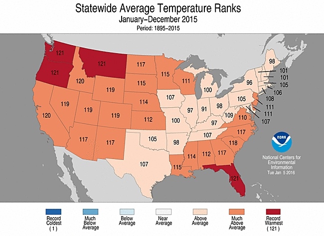 Temperature rankings for each state for 2015. Those in deep red saw their record warmest year. Every state saw above-average temepratures.
Credit NOAA