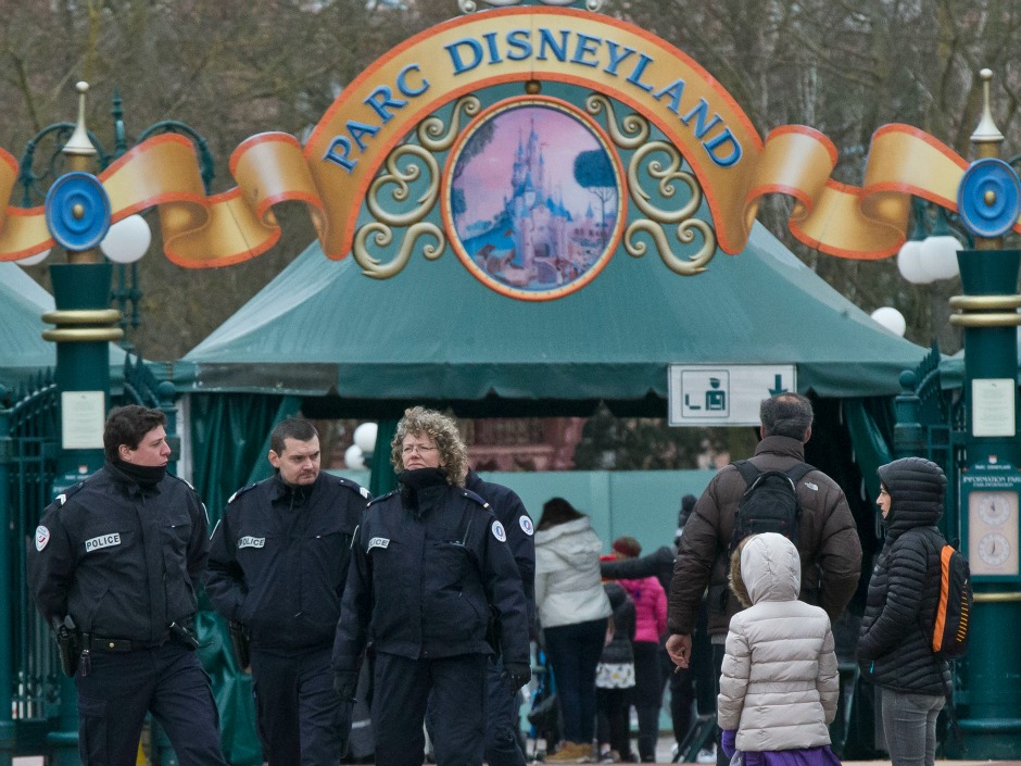 French police officers patrol outside Disneyland Paris in Marne-la-Vallee east of Paris Friday Jan. 29 2016