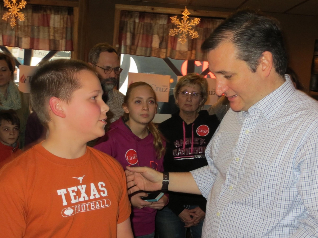 Texas Senator Ted Cruz meets with supporters during a campaign stop in Manchester Monday