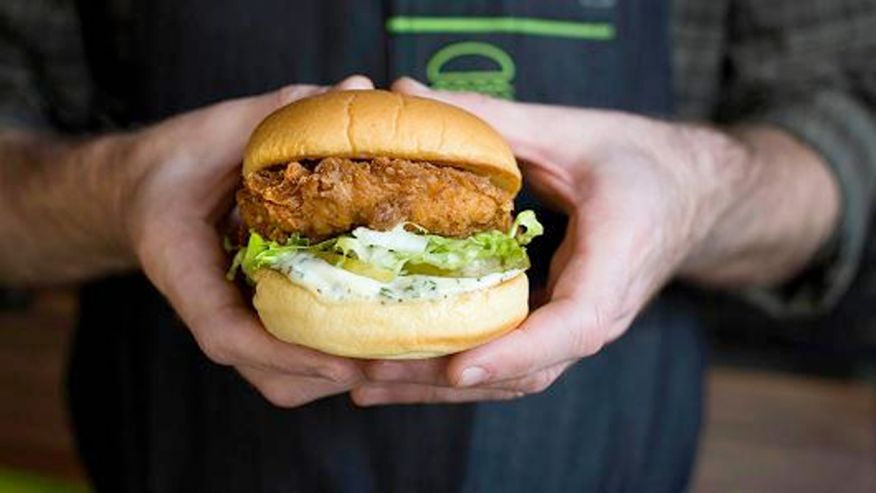 The Chick’n Shack features fried chicken pickles lettuce and buttermilk herb mayo atop a bun