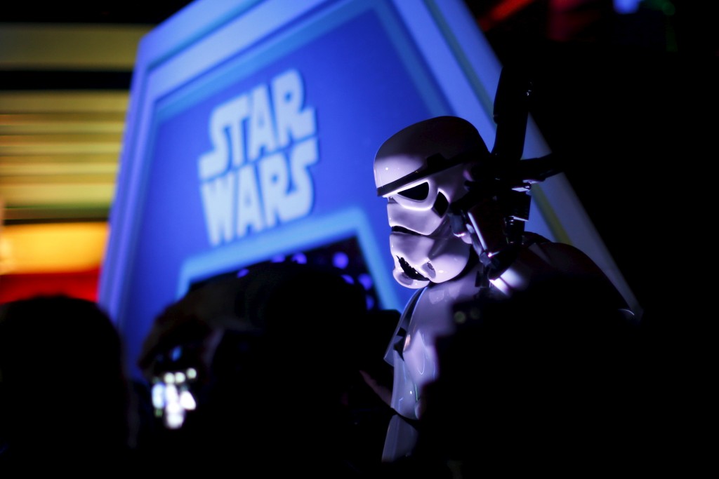 A character in costume takes part of an event held for the release of the film'Star Wars The Force Awakens in Disneyland Paris in Marne-la-Vallee France