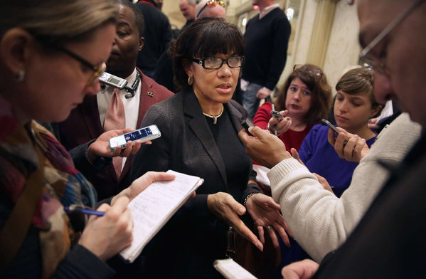 Flint Mayor Karen Weaver speaks outside meeting of the U.S. Conference of Mayors in Washington