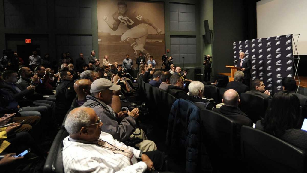 Philadelphia Eagles owner Jeffrey Lurie talks to reporters during an NFL football press conference Wednesday in Philadelphia. The Eagles fired head coach Chip Kelly with one game left in his third season