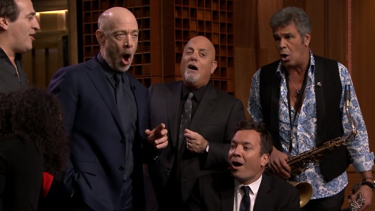 The late-night host and his two guests harmonized on the 1983 track while filming local promos during Wednesday's 'Tonight Show&#039 taping