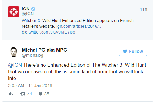 The Witcher 3: Enhanced Edition Rumors Denied by CD Projekt Red