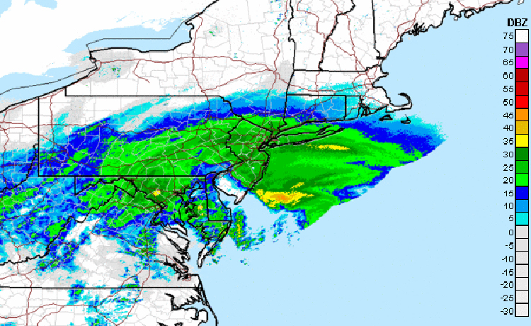 The 6:44 a.m. radar image from the National Weather Service shows the scope of a storm that has caused blizzard warnings along the Connecticut coast