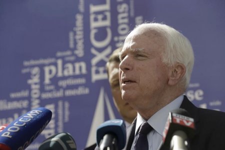 U.S. Senator John Mc Cain speaks during the inauguration ceremony of the NATO Strategic Communications Centre of Excellence in Riga Latvia