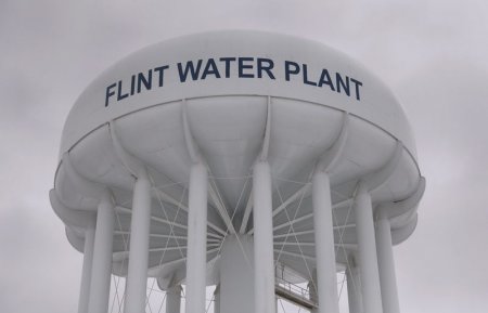 The top of a water tower is seen at the Flint Water Plant in Flint Michigan