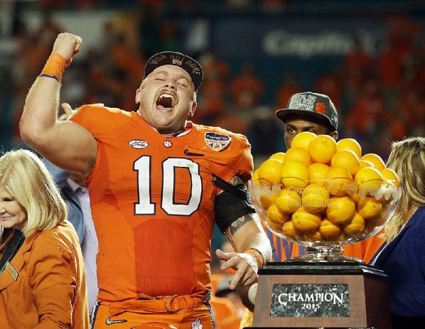 Clemson quarterback Deshaun Watson throws oranges to the crowd after his team won the Orange Bowl NCAA college football semifinal playoff game against Oklahoma Thursday Dec. 31 2015 in Miami Gardens Fla. Clemson defeated Oklahoma 37-17. (Joe Ski