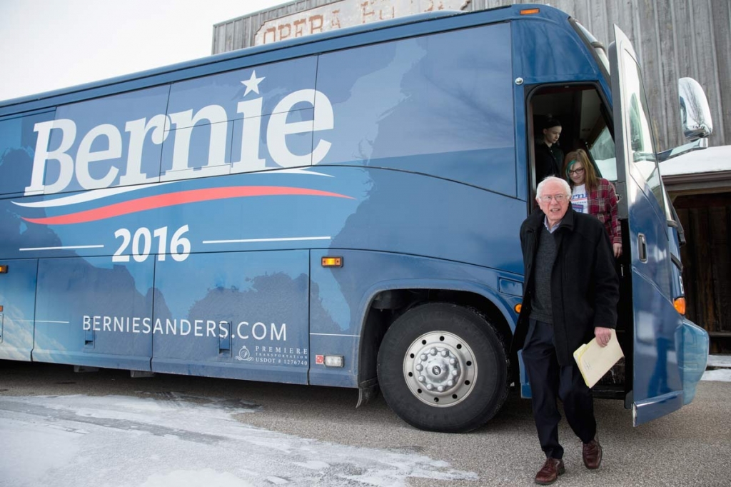 Democratic presidential candidate Sen. Bernie Sanders I-Vt. arrives for a campaign stop at the Fort Museum Opera House in Fort Dodge Iowa Tuesday Jan. 19 2016