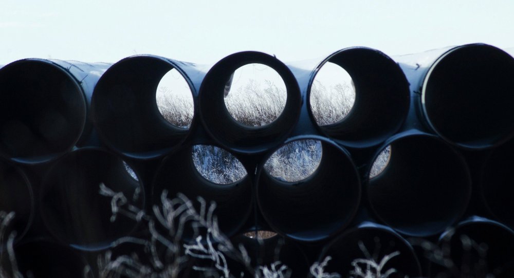 A depot used to store pipes for Transcanada Corp's planned Keystone XL oil pipeline is seen in Gascoyne North Dakota