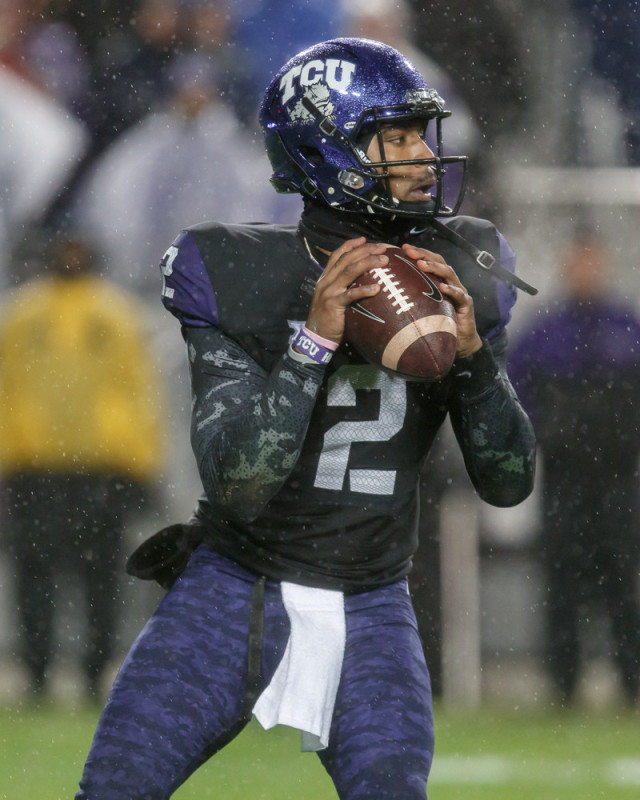 27 November 2015 TCU Horned Frogs quarterback Trevone Boykin during the Big 12 college football game between the TCU Horned Frogs and the Baylor Bears at Amon G. Carter Stadium in Fort Worth Texas. TCU won the game 28-21 in overtime