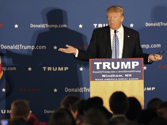 Donald Trump speaks during a campaign stop before next months earliest in the nation presidential primary Monday Jan. 11 2016 in Windham N.H