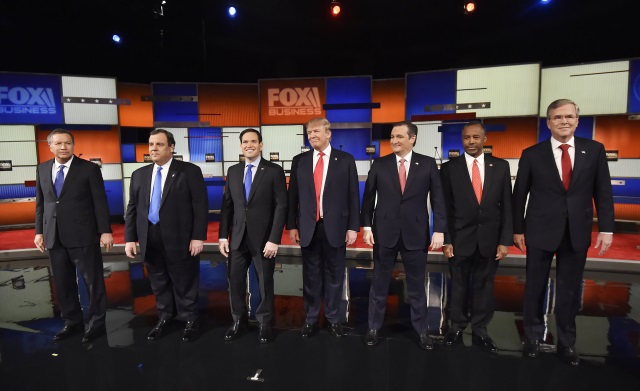 Republican presidential candidates from left Ohio Gov. John Kasich New Jersey Gov. Chris Christie Sen. Marco Rubio R-Fla. businessman Donald Trump Sen. Ted Cruz R-Texas retired neurosurgeon Ben Carson and former Florida Gov. Jeb Bush take the sta