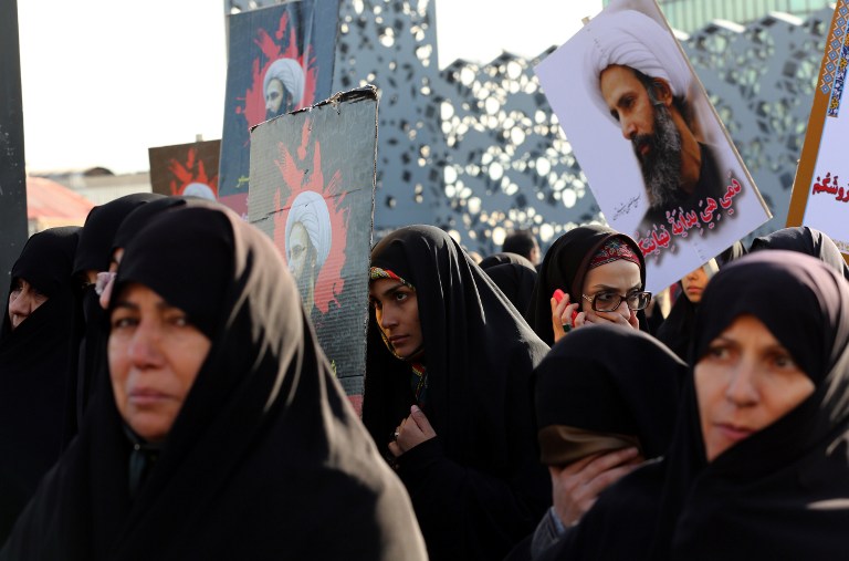 Iranian women gather during a demonstration against the execution of prominent Shiite Muslim cleric Nimr al Nimr by Saudi authorities at Imam Hossein Square in the capital Tehran