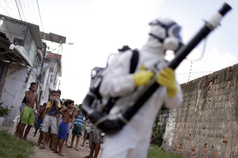 Children react near a municipal worker spraying insecticide at the neighbourhood of Imbiribeira in Recife Brazil yesterday. Travel centres are warning of an outbreak of the mosquito-borne Zika virus. – Reuters pic