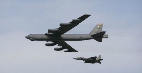 U.S. Air Force B-52 bomber flies over Osan Air Base on Jan. 10 in Pyeongtaek South Korea