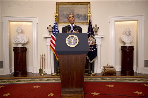 President Barack Obama speaks about the release of Americans by Iran Sunday Jan. 17 2016 in the Cabinet Room of the White House in Washington