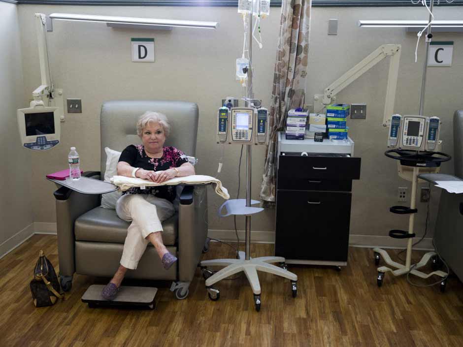 Judith Bernstein receives medicines intravenously ahead of chemotherapy at the Fox Chase Cancer Center in Philadelphia on Tuesday Aug. 4 2015