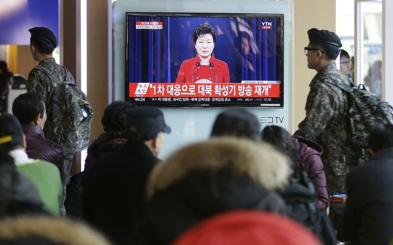 TV screen showing the live broadcast of South Korean President Park Geun-hye's press conference at the Seoul Railway Station in Seoul South Korea Wednesday Jan. 13 2016. President Park on Wednesday called for Chinese help to lau