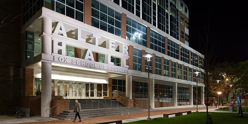 Alter Hall on Temple’s Main Campus at night