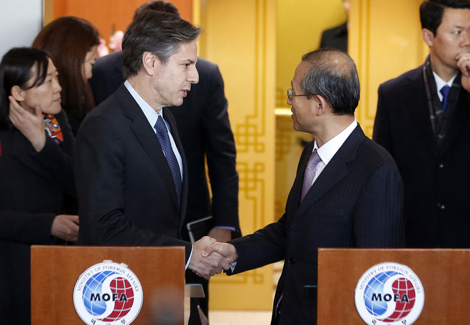 South Korean First Vice Foreign Minister Lim Sung-nam right and U.S. Deputy Secretary of State Antony Blinken shake hands after speaking at a press conference following their meeting at the Foreign Ministry in Seoul South Korea Wednesday Jan. 20 201