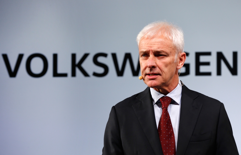 Volkswagen AG chief executive officer Matthias Müller speaks in Detroit Sunday Jan. 10 2016. In his first U.S. visit since American regulators said VW cheated pollution tests Mueller apologized over a scandal that plunged the German auto giant into