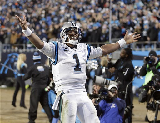 Carolina Panthers&#039 Cam Newton celebrates a touchdown pass during the second half the NFL football NFC Championship game against the Arizona Cardinals Sunday Jan. 24 2016 in Charlotte N.C