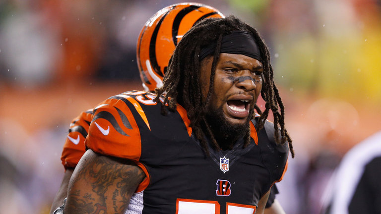 Vontaze Burfict #55 of the Cincinnati Bengals reacts in the third quarter against the Pittsburgh Steelers during the AFC Wild Card Playoff