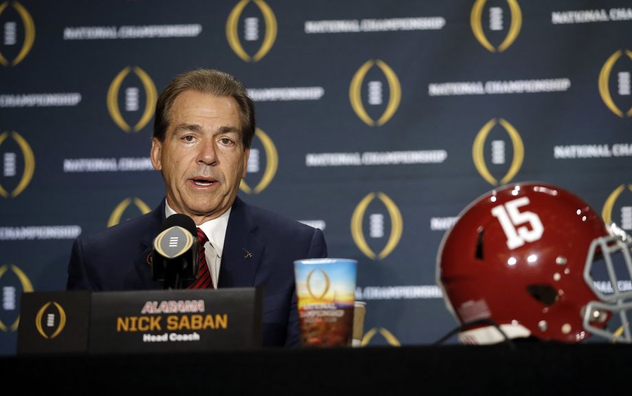 Alabama head coach Nick Saban speaks during a new conference for the NCAA college football playoff championship game Sunday Jan. 10 2016 in Glendale Ariz