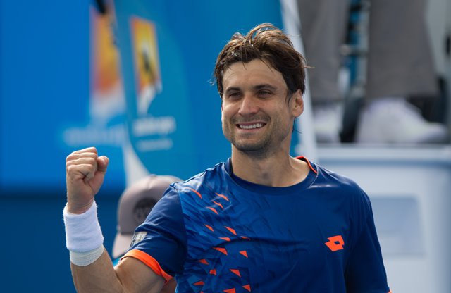 David Ferrer of Spain celebrates victory after the third round match of men's singles against Steve Johnson of the United States at the Australian Open Tennis Championships at Melbourne Park in Melbourne Australia Jan. 23 2016. Ferrer won 3-0. (Xi