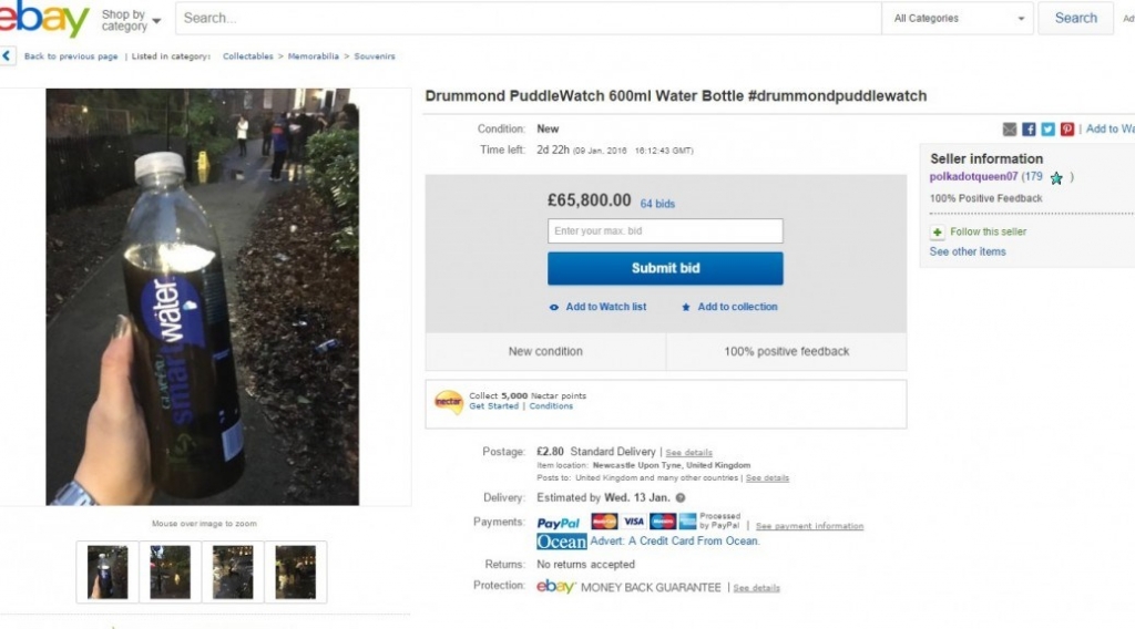 You can now buy water from the actual Drummond Puddle Watch puddle on eBay