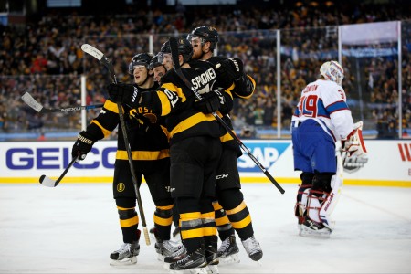 Jan 1 2016 Foxborough MA USA Boston Bruins defenseman Torey Krug, center Ryan Spooner and right wing Jimmy Hayes celebrate a third period goal by left wing Matt Beleskey in front of Montreal Canadiens goalie Mike Condon duri