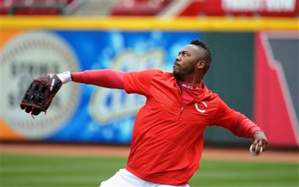 Cincinnati Reds&#039 Aroldis Chapman warms-up before the start of their opening day baseball game against the Pittsburgh Pirates on Monday