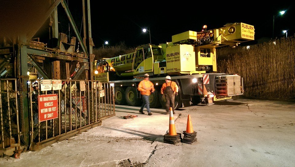 A crane from Auburn has arrived on scene to assist at the rescue at Cargill salt mine after 17 miners got stuck underground in New York on Jan. 6 2015