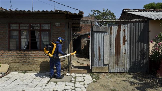 A Health Secretary employee fumigates against Aedes Aegypti mosquitos inside a house in Cali Colombia