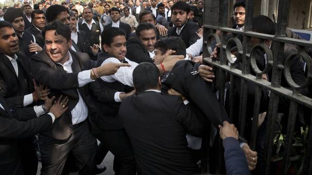 A lawyer who spoke to the media supporting student leader Kanhaiya Kumar is beaten up by other lawyers outside a Delhi court