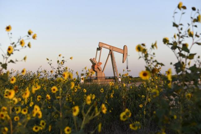 A pump jack is seen near sunflowers in Guthrie Oklahoma in