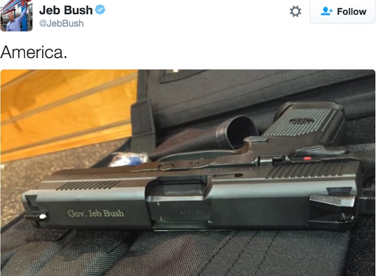 A screenshot of a tweet by Jeb Bush showing off a gun engraved with his name