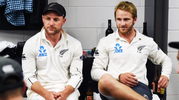 Brendon Mc Cullum and captain-in-waiting Kane Williamson enjoy a commiseration bear after defeat to Australia