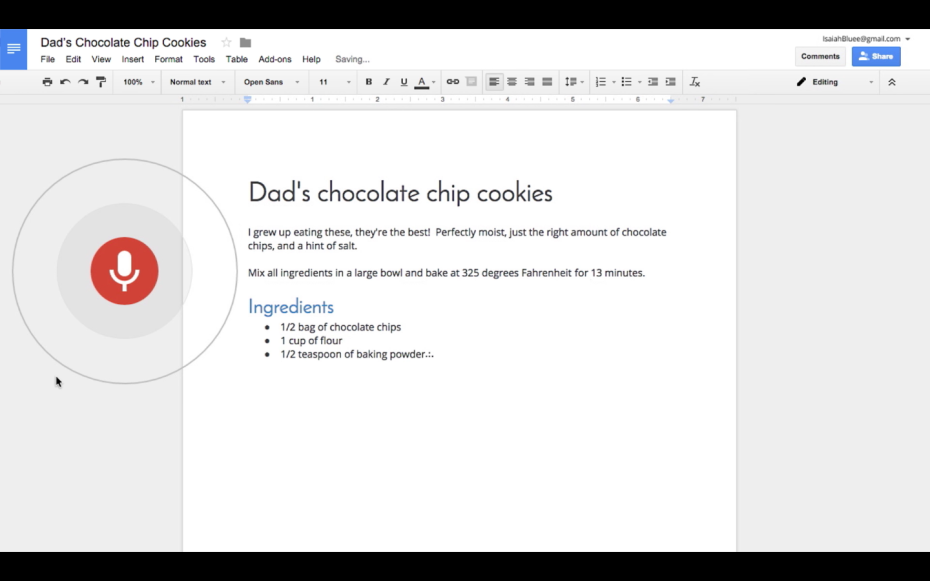 A new line being formed in Google Docs in response to a voice command