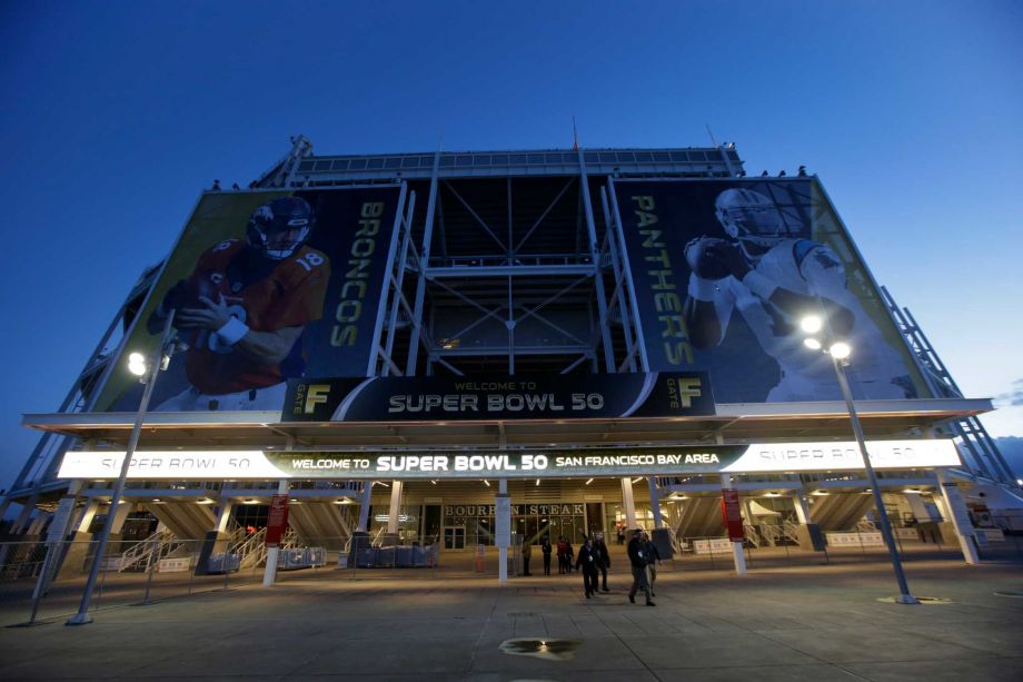 The entrance to Levi's Stadium is decorated with images of Denver Broncos quarterback Peyton Manning left and Carolina Panthers quarterback Cam Newton Tuesday Feb 2 2016 in Santa Clara Calif. The Denver Broncos will play the Carolina Panthers in the