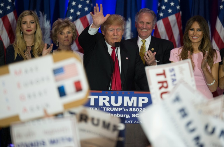 AFP  Jim Watson Republican presidential candidate Donald Trump celebrates victory in the South Carolina primary in Spartanburg South Carolina