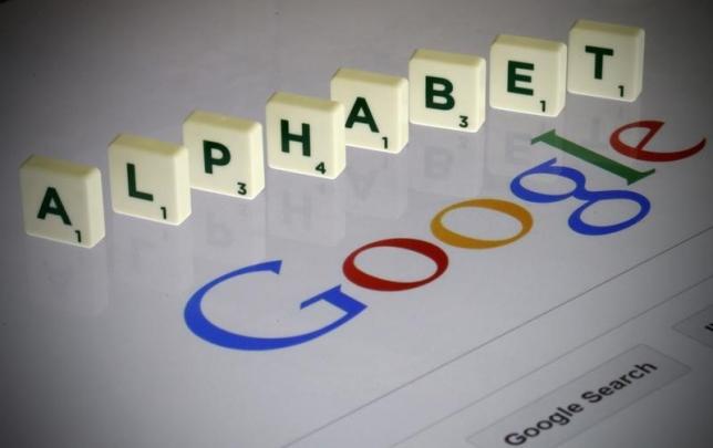 Letters spell the word'Alphabet as they are seen on a computer screen with a Google search page in this