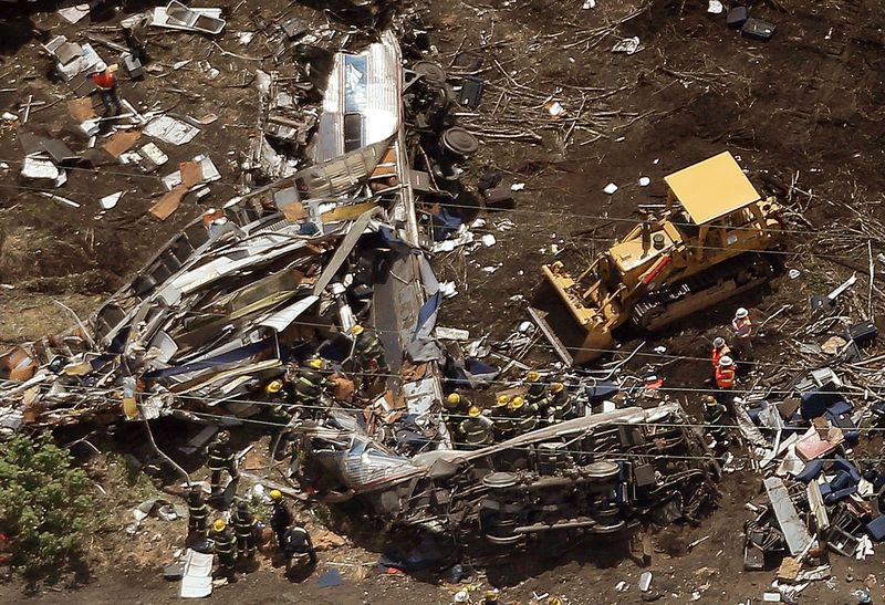 An aerial view of Amtrak 188 which derailed in Philadelphia