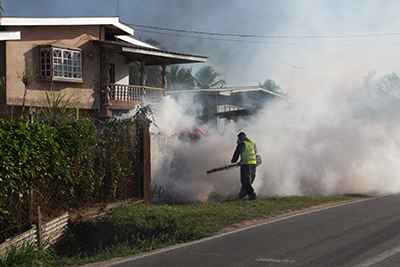 An Insect Vector Control Division employee uses a fog machine to spray for mosquitoes at Penal Rock Road Penal yesterday