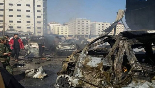 An image circulated by state media purportedly of the site of a triple bombing in the Sayeda Zeinab district of Syria